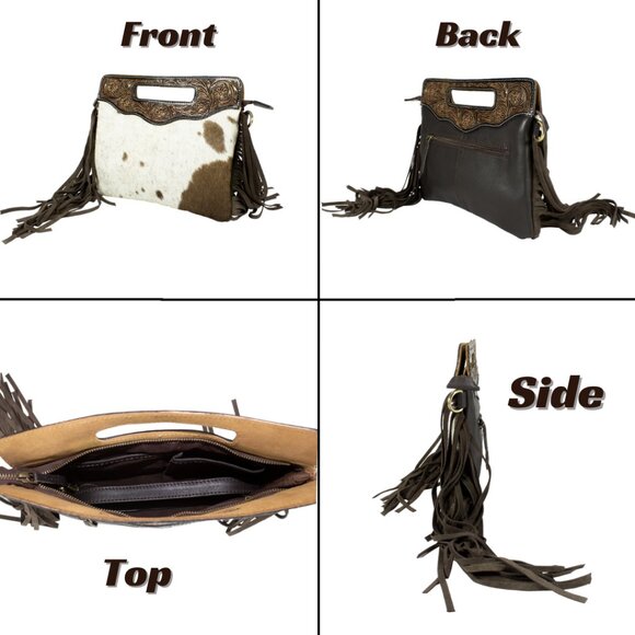 Women Hand Tooled Hair-on Shoulder Fringe Bag with Free Gift Bifold Black Wallet - Picture 3 of 9